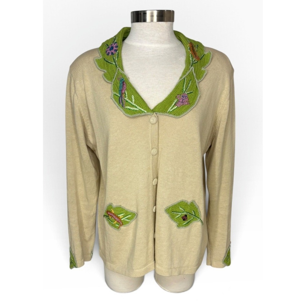 Storybook Knits Floral Bird Cardigan Beaded Embroidered Novelty Sweater Cottage
